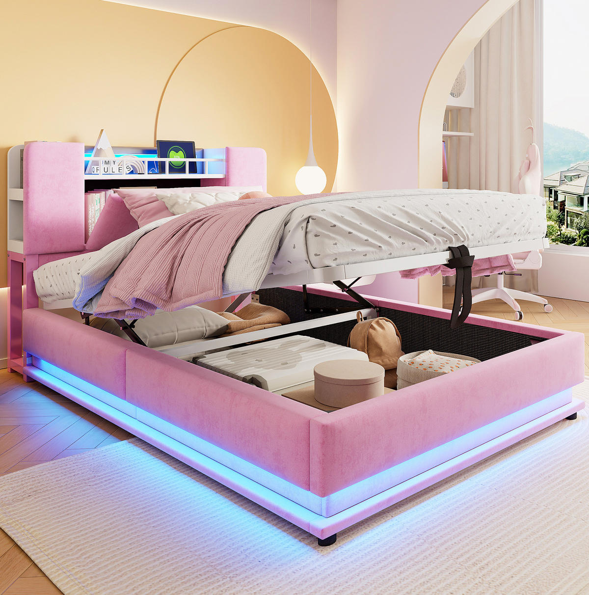 KINDERBETT aus Polsterung 90x200 cm Rosa mit LED-Beleuchtung, USB-Anschluss und hydraulischem Bettkasten - Rosa, Textil (90/200cm) - Modfu