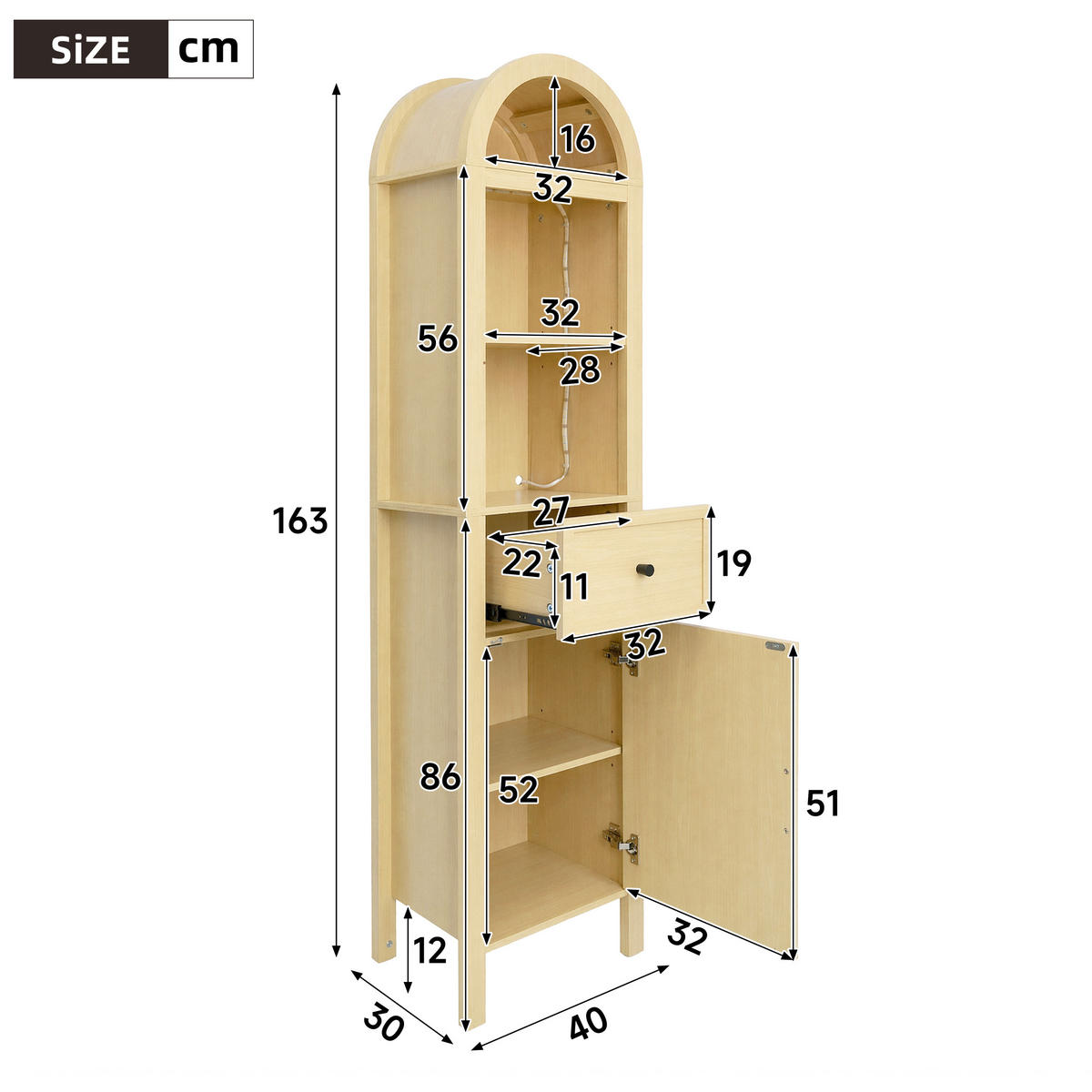 HOCHSCHRANK Naturfarben mit RGB‑LED‑Beleuchtung, App‑Steuerung und wendbaren Türen, 40 × 30 × 163 cm - Naturfarben, Holzwerkstoff (40/163/30cm) - Luhomfu
