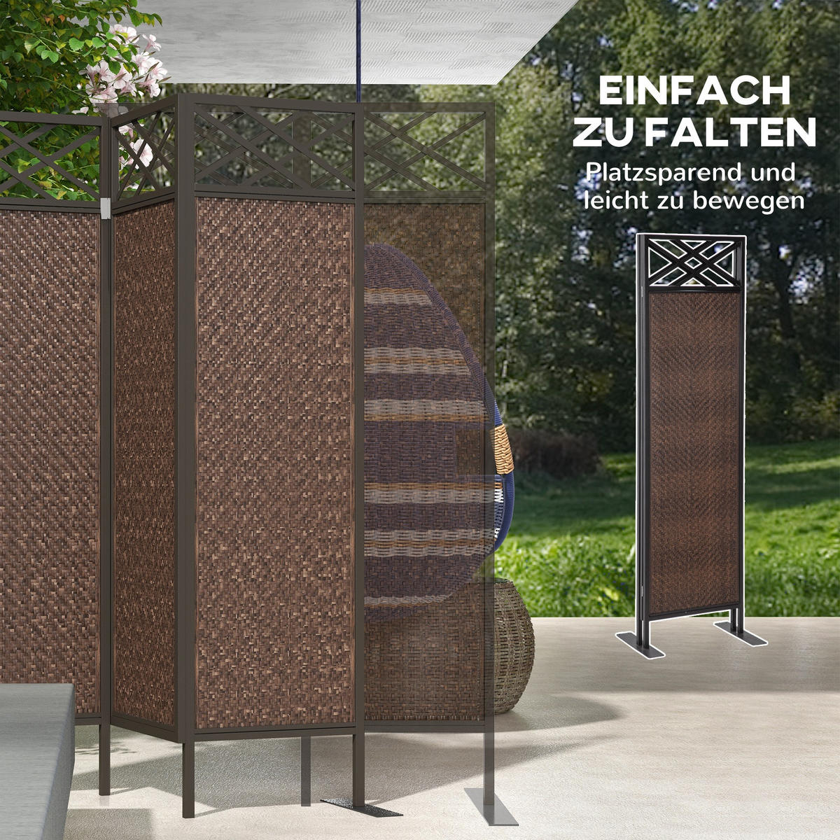 PARAVANT, PE-Rattan, Stahl, Braun - Braun, Metall (33/181/148cm) - Outsunny