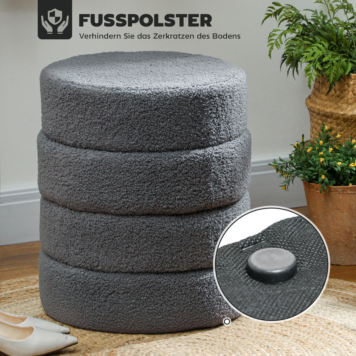 SITZHOCKER, Fußhocker, Runder Polsterhocker, Fußstütze mit Sitzkissen - Dunkelgrau/Naturfarben, Holz/Textil (40/45/40cm) - HOMCOM