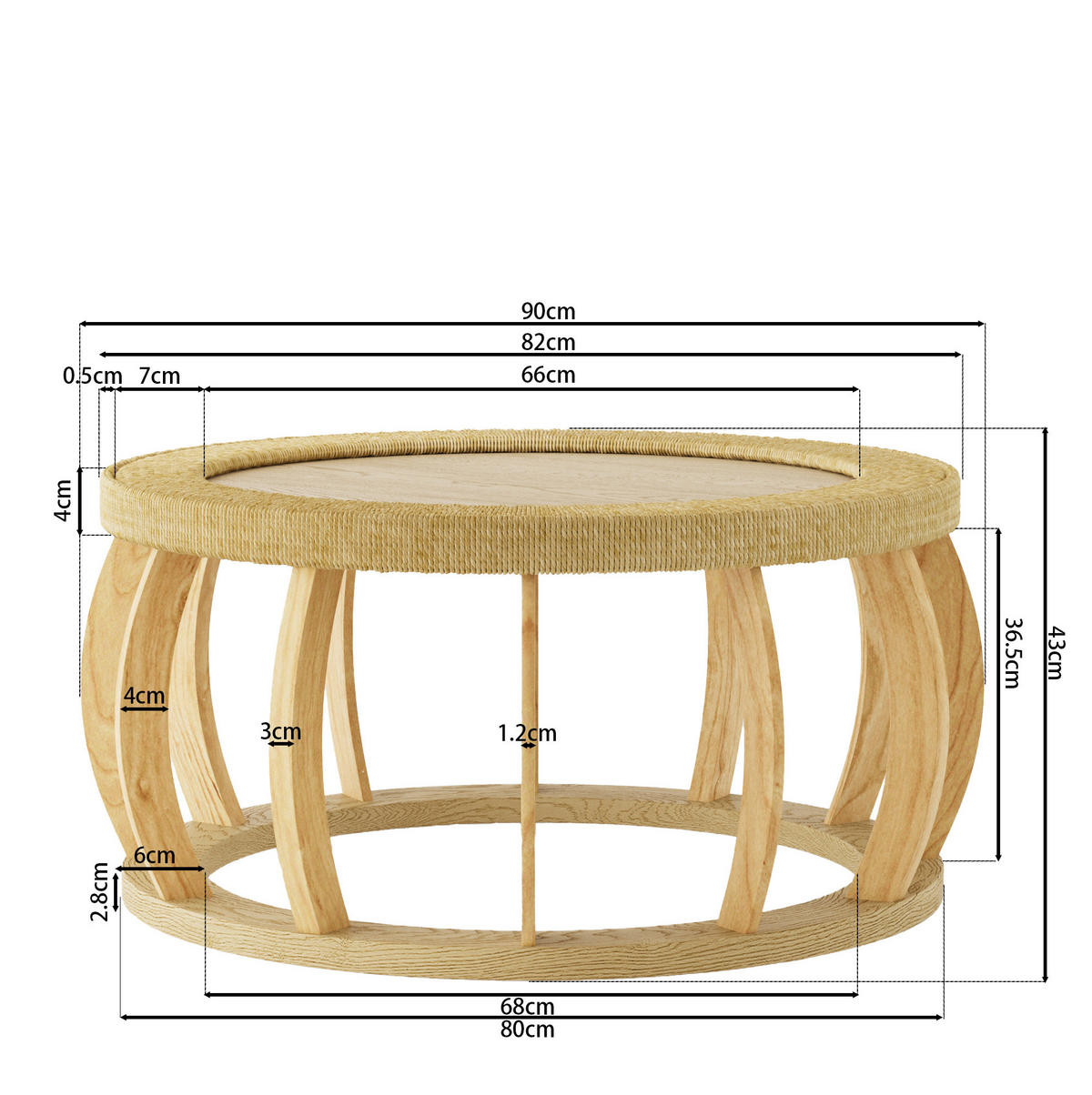 COUCHTISCH 90/90/43 cm mit Rattan-Details, runder Tischplatte und Massivholzbeinen, Natur - Naturfarben, Holzwerkstoff (90/90/43cm) - Redom