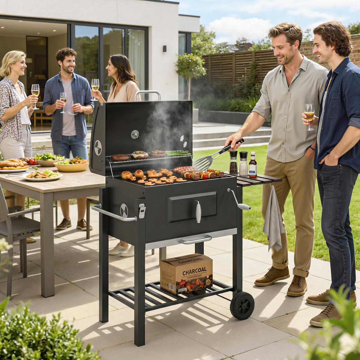 SMOKER DE-10162 höhenverstellbares Kohlefach, 2 Grillroste Schwarz - Schwarz, Metall (65/108/113cm) - ComfortXL