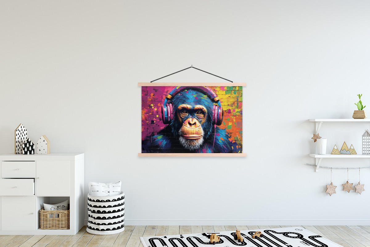 POSTER Graffiti - Schimpanse - Straßenkunst - Kopfhörer - Affe 120x80 cm - Blau, Textil (120/80/0.15cm) - MuchoWow