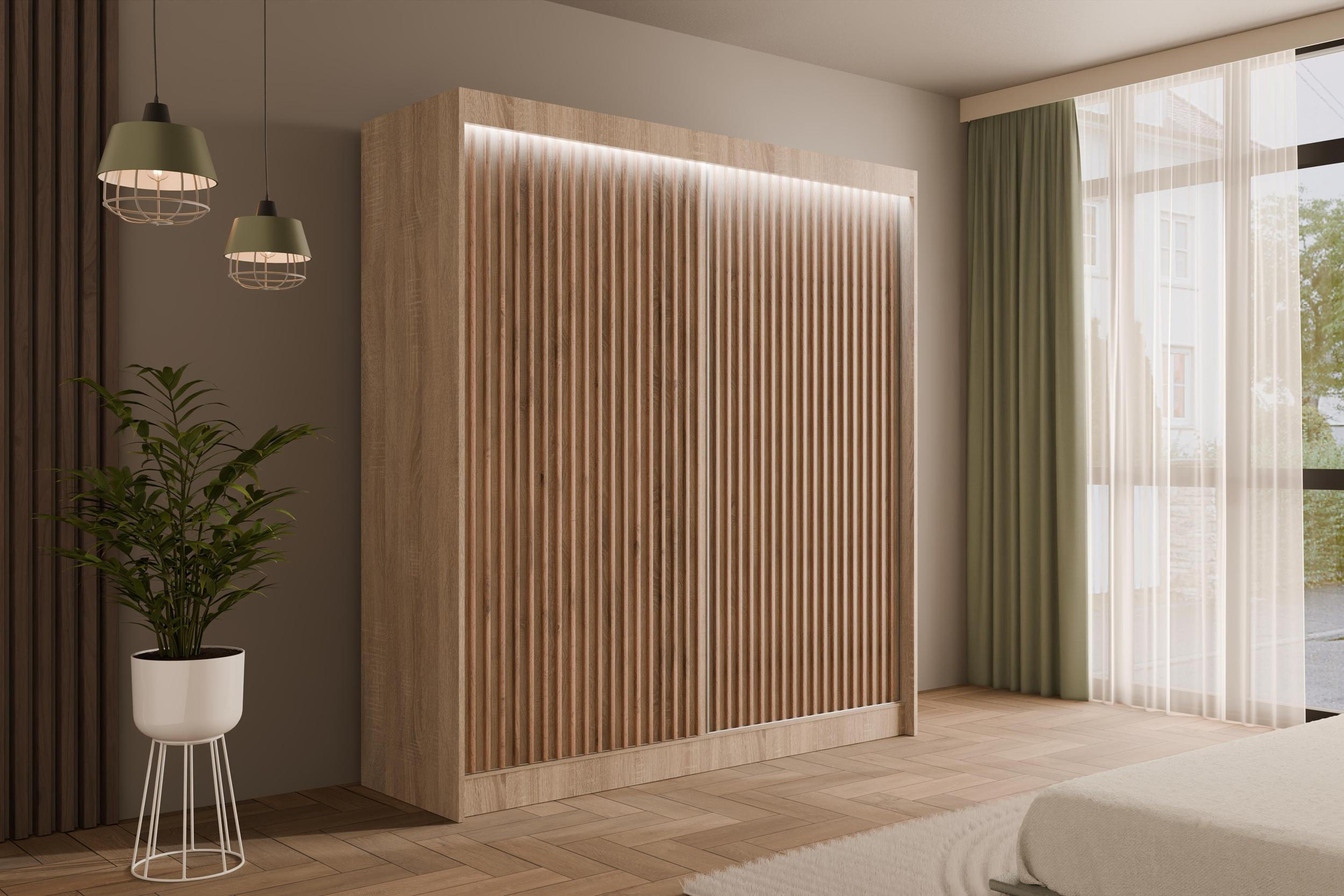 KLEIDERSCHRANK mit LED, Lamel-Schiebetüren VILANv2 - 200 cm Sonoma Eiche + Sonoma Eiche + Lamelle Eiche Wotan - Eiche Wotan/Sonoma Eiche, Holzwerkstoff (200/215/61cm) - ALTDECOR
