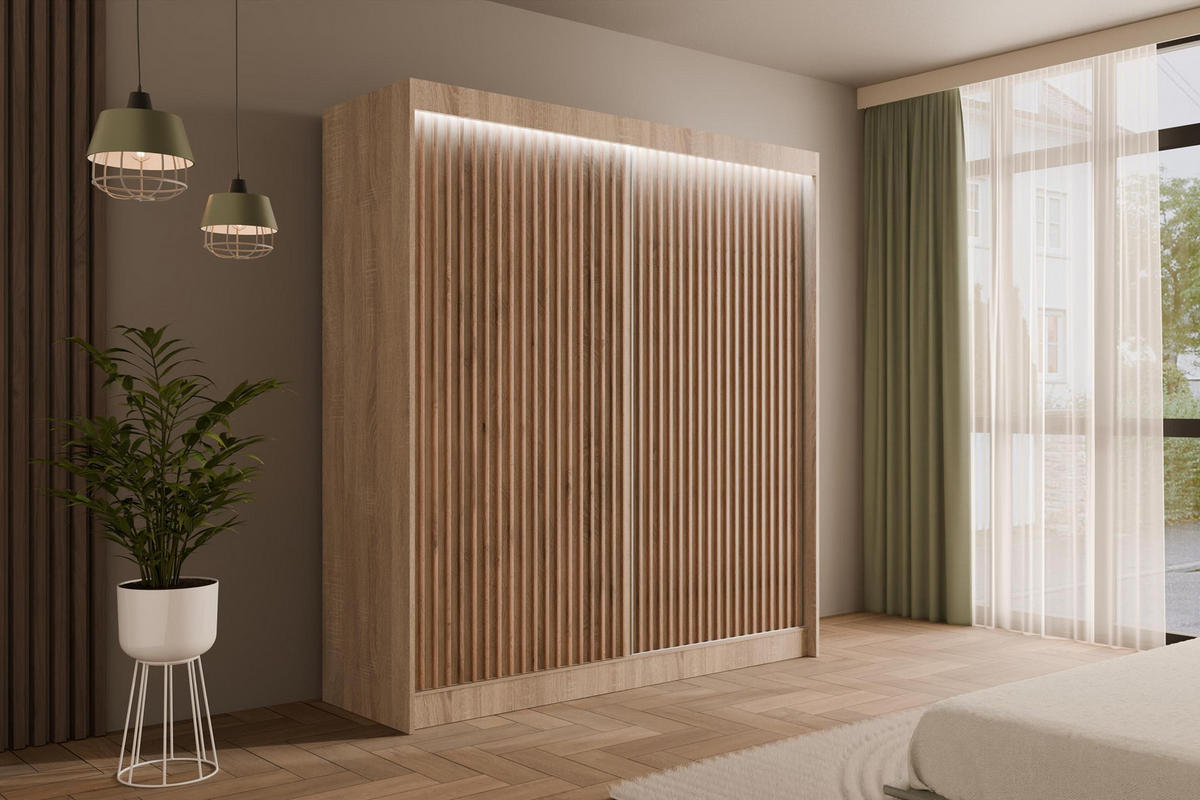 KLEIDERSCHRANK mit LED, Lamel-Schiebetüren VILANv2 - 200 cm Sonoma Eiche + Sonoma Eiche + Lamelle Eiche Wotan - Eiche Wotan/Sonoma Eiche, Holzwerkstoff (200/215/61cm) - ALTDECOR