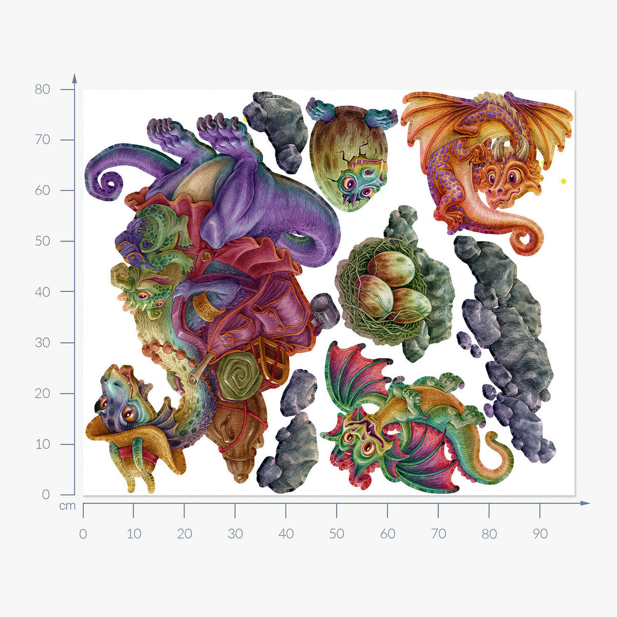 WANDAUFKLEBER 80x97cm - Drachenfamilie - Multicolor, Kunststoff (80/97/0.1cm) - Wallfluent