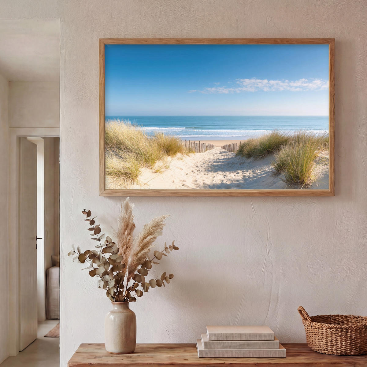 NÁSTĚNNÁ LAMPA S AKUMULÁTOREM Pláž - moře - duny - písek - léto 90x60 cm - písková barva, kompozitní dřevo (90/60/8cm) - OnlyWow
