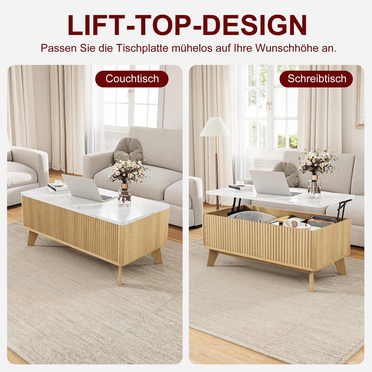 COUCHTISCH HOLZOPTIK klappbar mit verstecktem Aufbewahrungsfach - Eichefarben, Holz (105/32/42cm) - SHOPENTRA