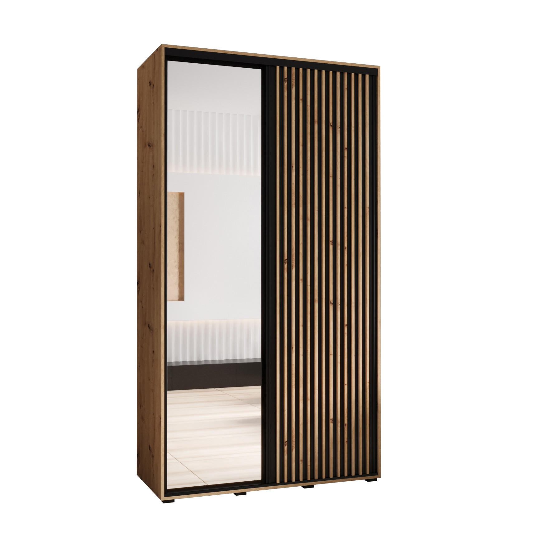 Abiks Möbel Schwebetürenschrank Eiche Artisan, Schwarz, Eiche Artisan 130x235x45 cm