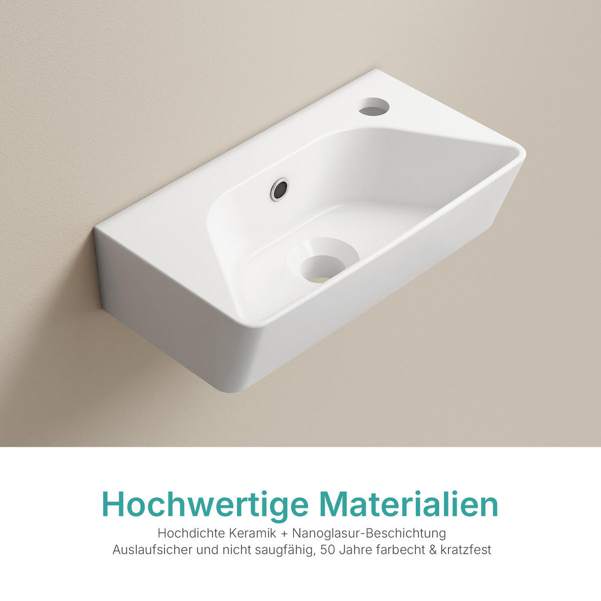 HANDWASCHBECKEN Rechts-Wasserhahnloch 40 / 22,5 / 13 cm - Weiß, Keramik (40/13/22.5cm) - EMKE