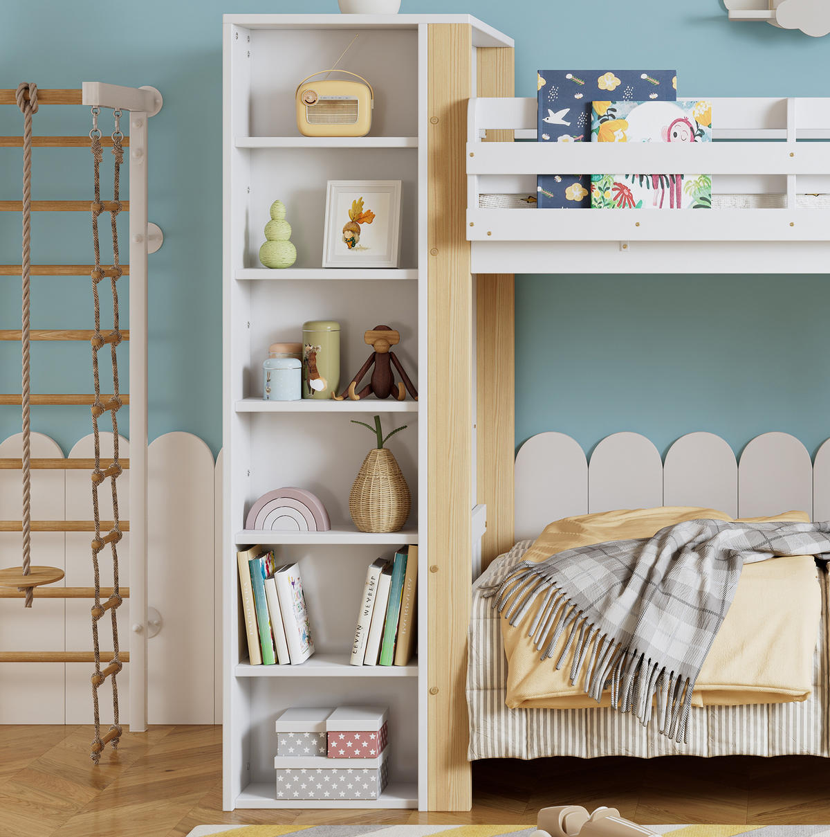 ETAGENBETT aus Kiefer und MDF 90x200 cm Weiß/Natur mit Kleiderschrank, 6 offenen Regalen und 4-stufiger Leiter - Weiß, Holzwerkstoff (90/200cm) - Modfu