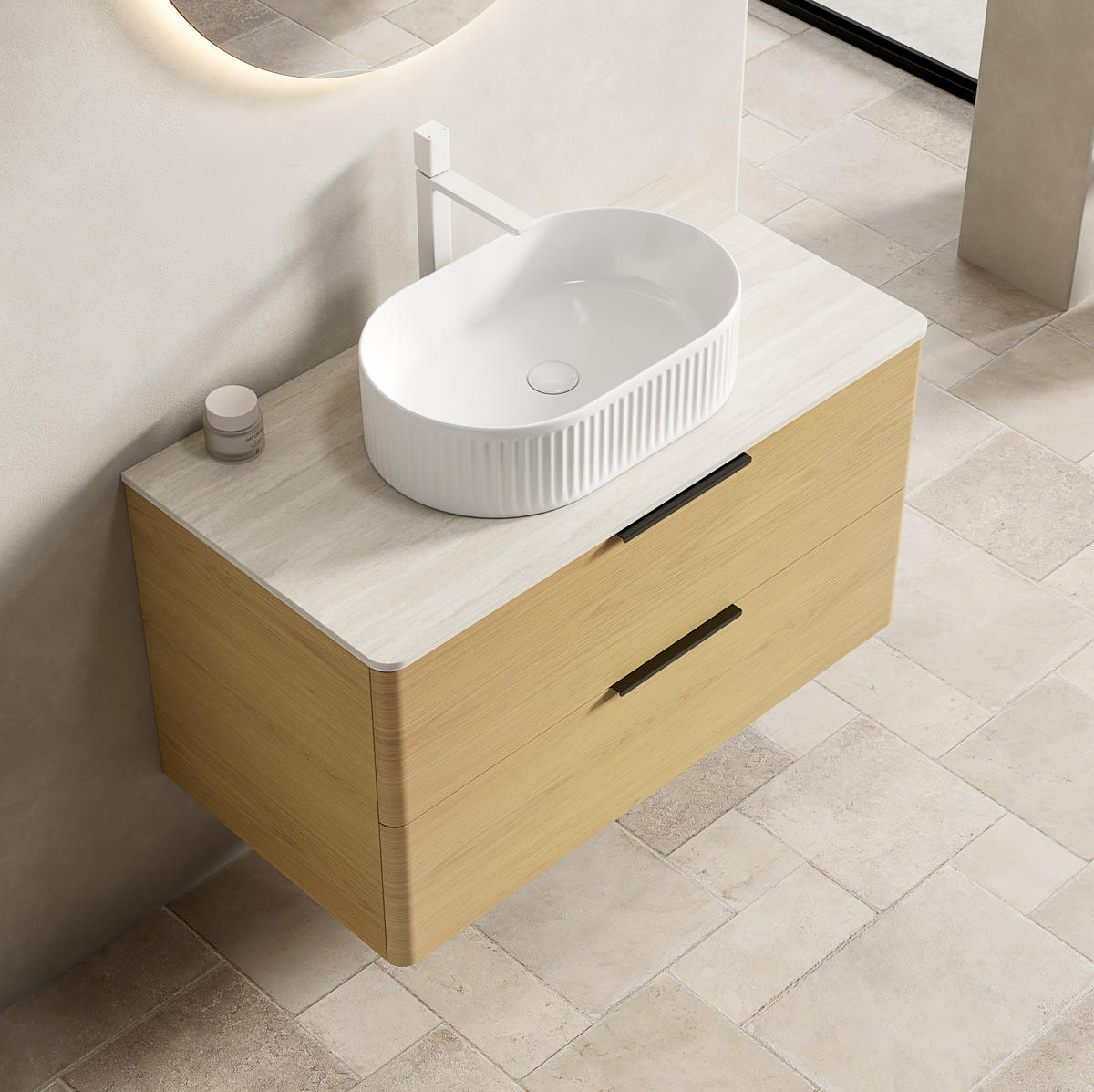 WASCHTISCH 90 cm mit 2 Schubladen Beige, Oak, White - Beige, Holzwerkstoff (46/62.2/90cm) - Beauniv