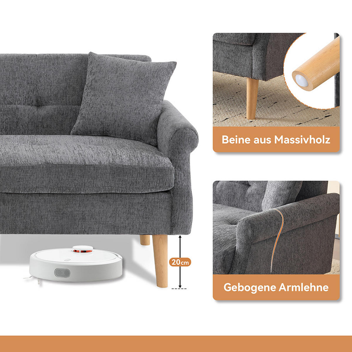 DOPPELSOFA in Grau Chenille-Stoff mit dicken Kissen - Grau, Holz/Textil (74/77/162cm) - KOMHTOM