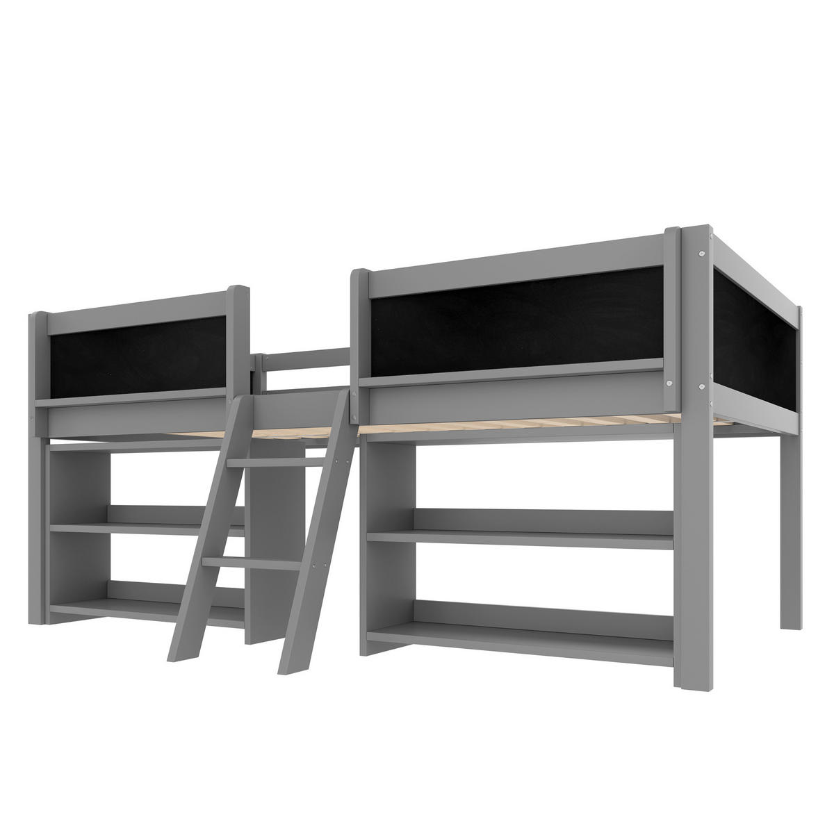 HALBHOHES Bett 90/200 cm grau aus Kiefernholz und MDF mit Stauraum - Grau, Holzwerkstoff (90/200cm) - OKWISH
