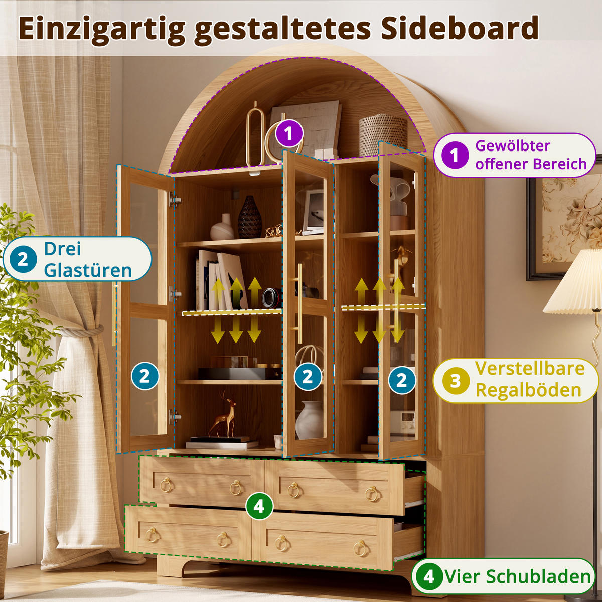 SIDEBOARD WOHNZIMMERSCHRANK Rundbogen 3 Glastüren 4 Schubladen - Naturfarben, Holzwerkstoff (110/185/40cm) - Urban Meuble