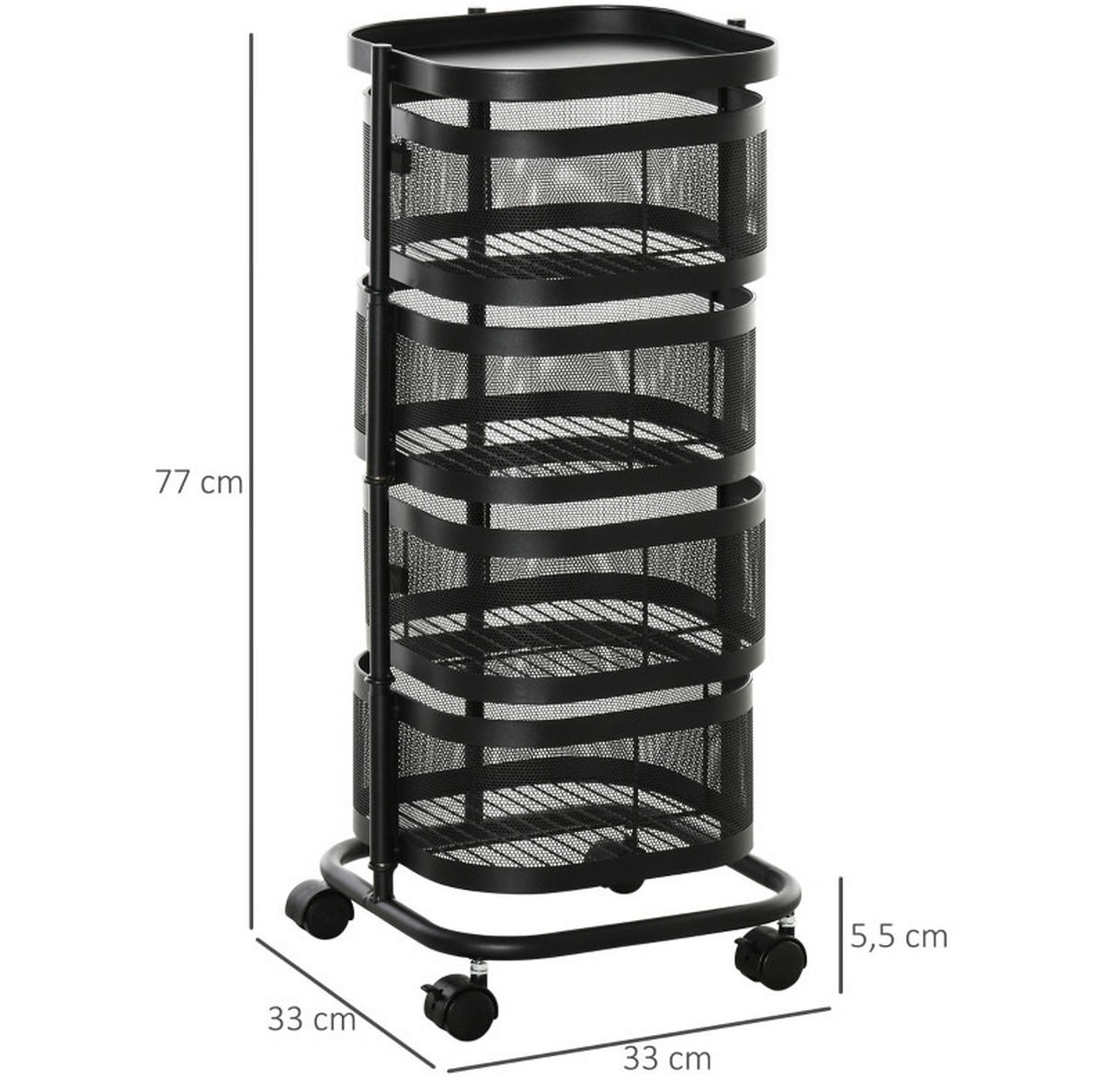 ROLLWAGEN mit 4 Ebenen 33 x 33 x 77 cm Schwarz - Schwarz, Metall (33/77/33cm) - Beauniv