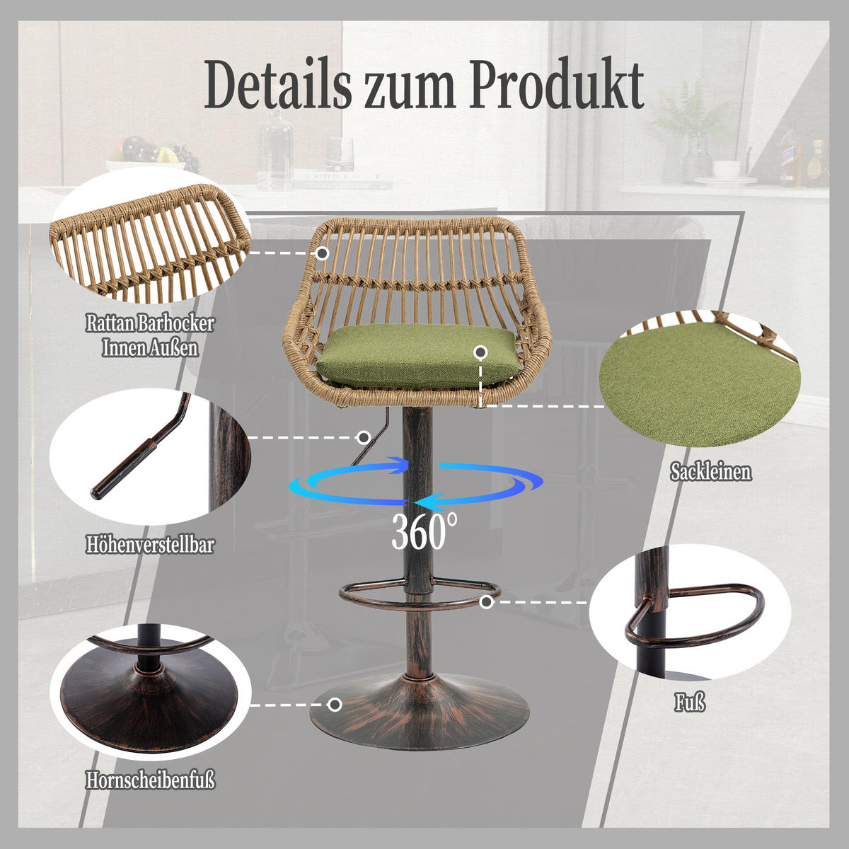 BARHOCKER 2er-Set drehbar mit Rattan und Höhenverstellung, Grün - Grün, Textil (49/89/48cm)
