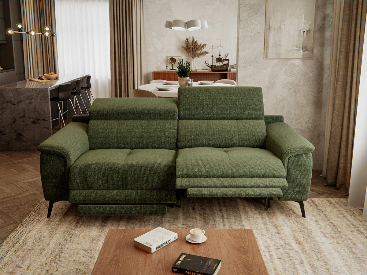 RELAXSOFA FIERO 3-Sitzer mit 2 Relaxfunktionen, olivgrün - Schwarz/Olivgrün, Holzwerkstoff/Textil (212/82/103cm) - Courtois Laville