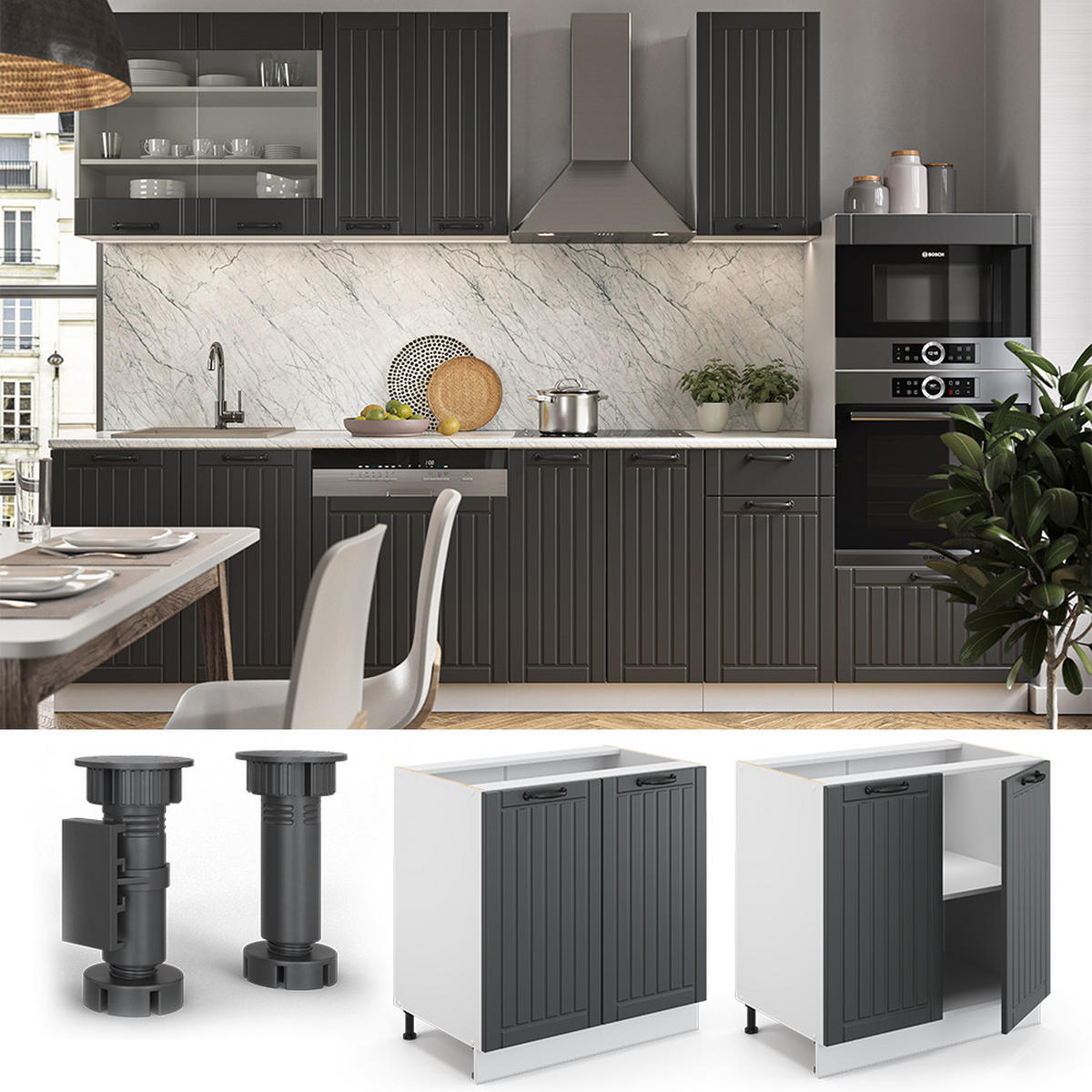 SPÜLENUNTERSCHRANK Fame-Line Anthrazit Landhaus 80 cm mit Regal AP Eiche - Anthrazit/Weiß, Holzwerkstoff (80/82/60cm) - Vicco