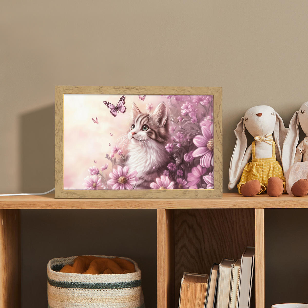 NACHTTISCHLAMPE Kätzchen - Blumen - Schmetterlinge - Lila 30x20 cm - Altrosa, Holzwerkstoff (8/30/20cm)