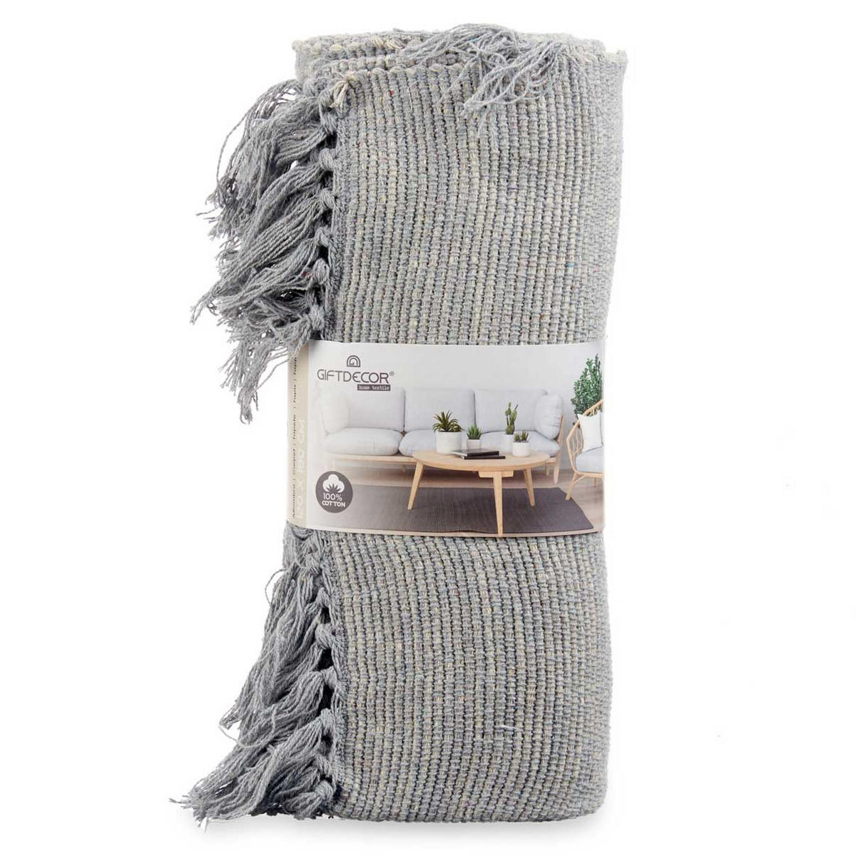 FRANSENTEPPICH 100% Baumwolle 180/120 cm - Grau, Naturmaterialen (120/180cm) - Giftdecor