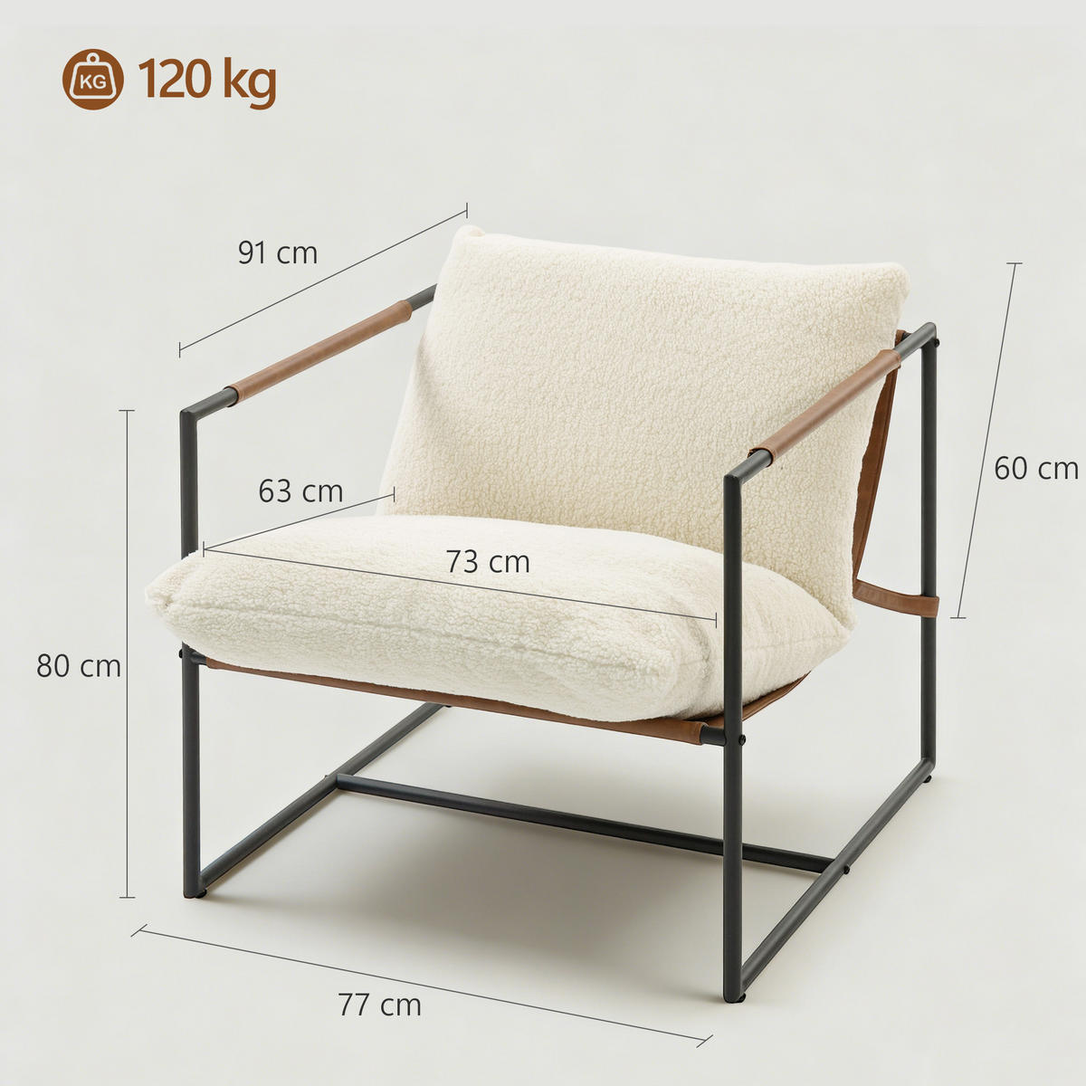 SESSEL DE-13326 breite Sitzfläche & Bouclé-Stoff Creme - Creme, Metall (77/80/91cm) - ComfortXL