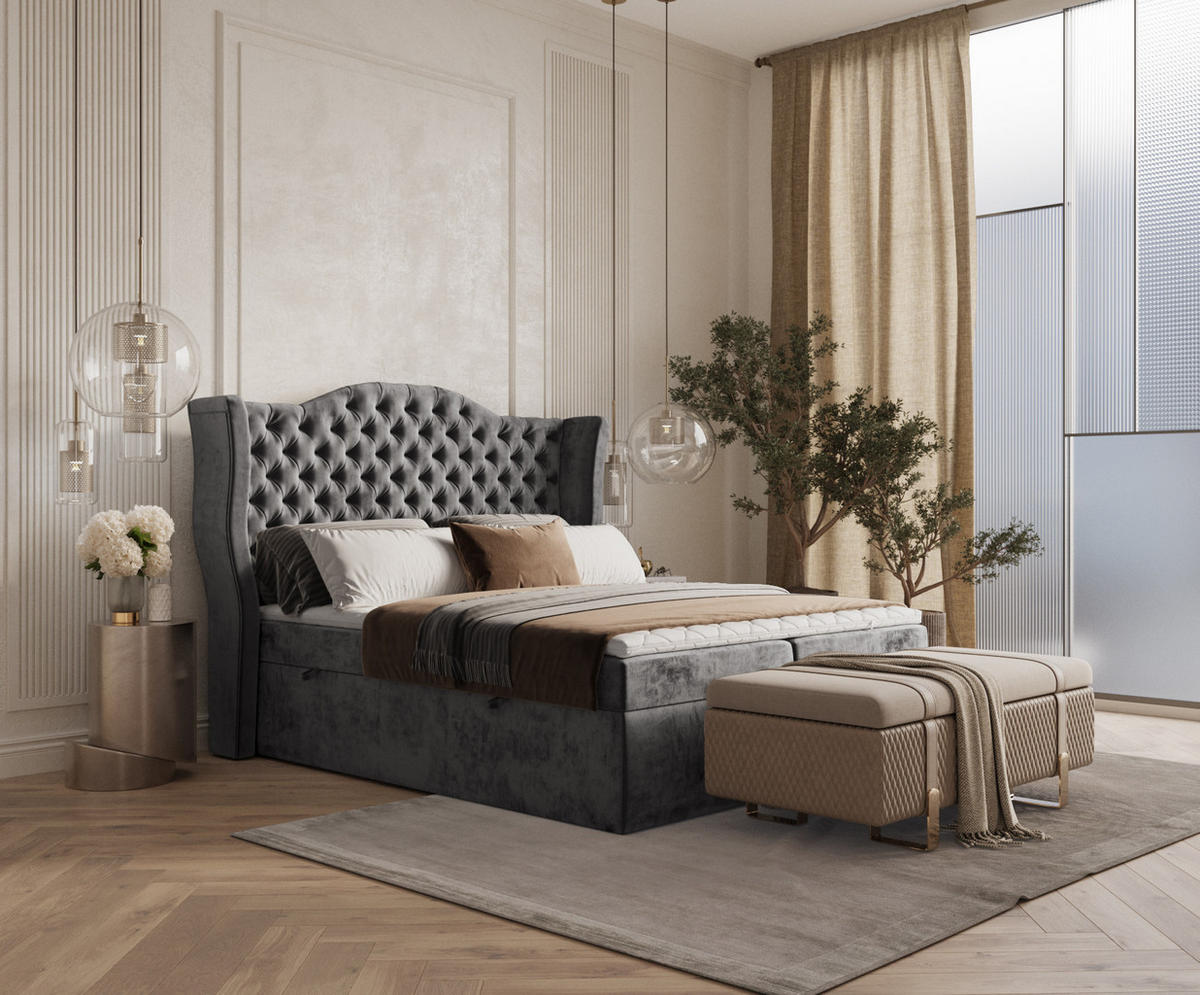 BOXBETT Royal Anthrazit 140/200 cm im Chenille-Stoff - Anthrazit/Schwarz, Holz/Holzwerkstoff (140/200cm) - Maison de Reve