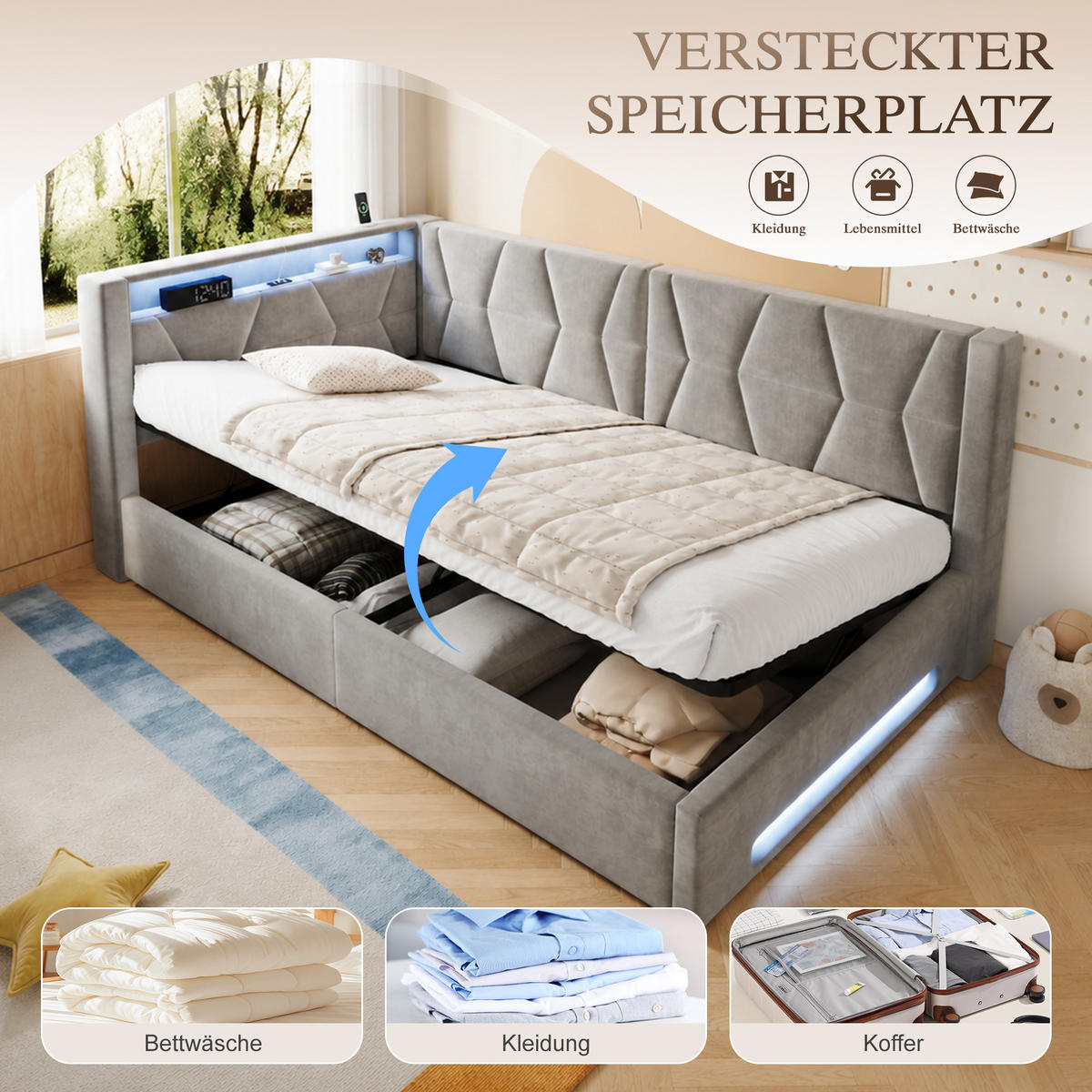 BOXBETT 90/200cm, LED/USB-C, Bettkasten, Lattenrost, Dunkelgrau - Dunkelgrau, Holz/Metall (90/200cm) - LVHOM