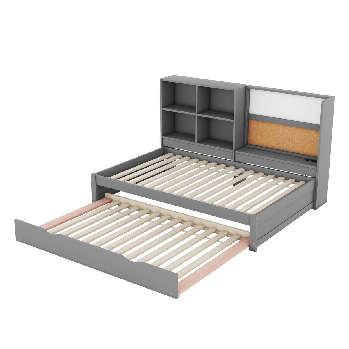 BETT 90/200cm mit ausziehbarem Rollbett und USB-Ladeanschluss Grau - Grau, Holzwerkstoff (90/200cm) - OKWISH