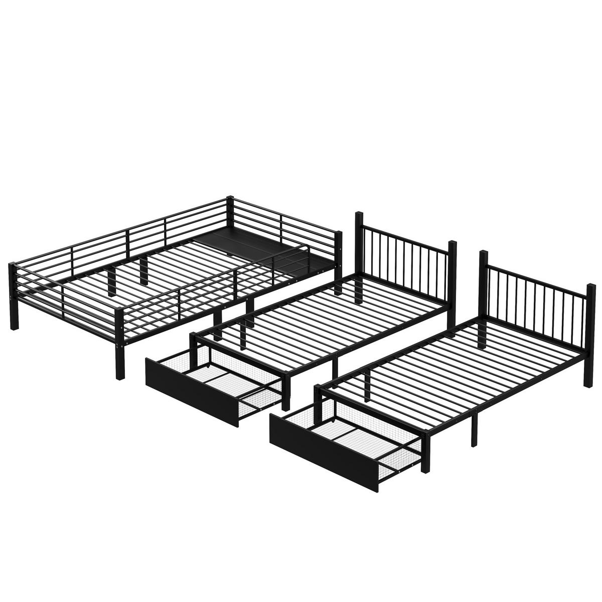 ETAGENBETT 140/200 cm schwarz aus Metall mit 2 Schubladen teilbar - Schwarz, Metall (140/200cm) - OKWISH