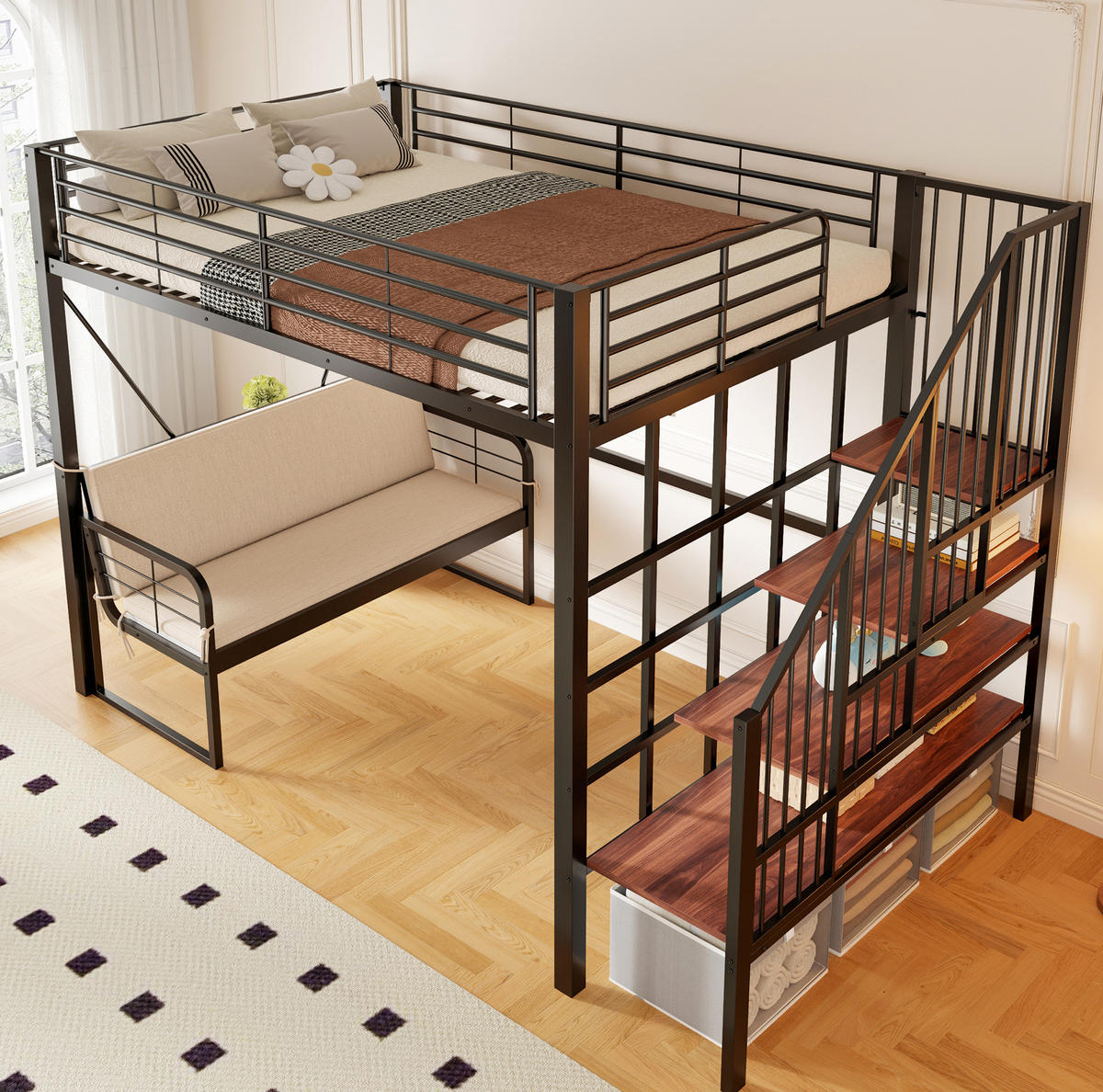 HOCHBETT 140/200 cm aus Metall mit Polstersofa und Stauraumleiter, Schwarz - Schwarz, Metall (140/200cm) - OKMYHOME