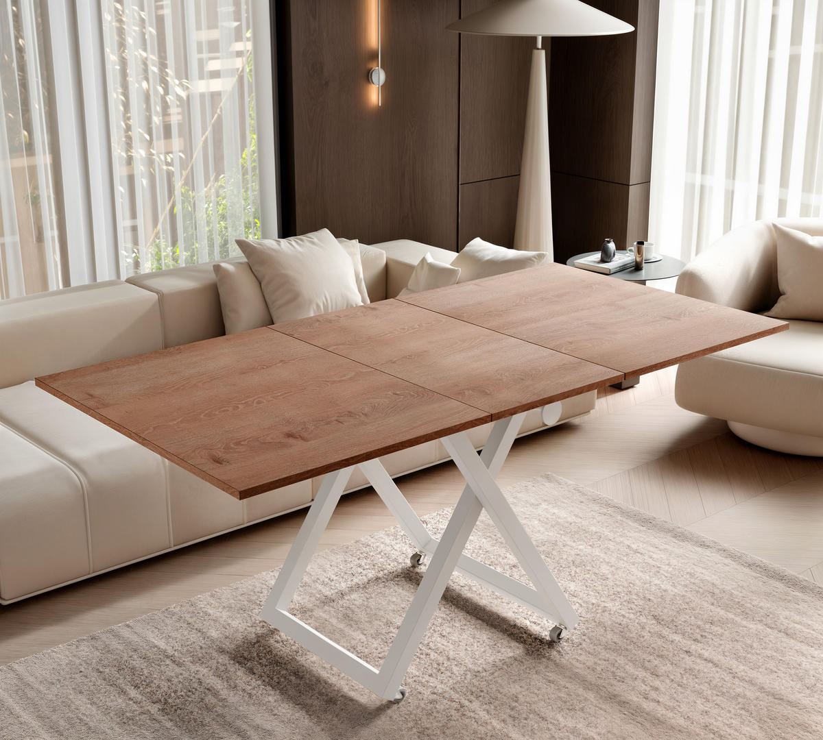 COUCHTISCH ARIA 120-160/80 cm, Höhenverstellbar, Weiß / Trüffelbraun - Weiß, Holzwerkstoff/Metall (120/80/38cm) - Idohome