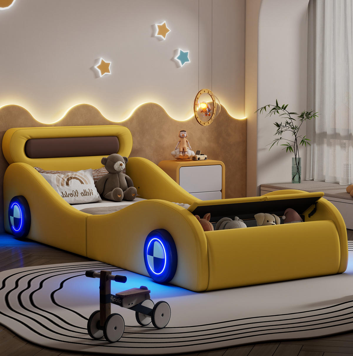 POLSTERBETT 90/200 cm gelb aus PU mit LED-Rädern und Stauraum - Gelb, Kunststoff (90/200cm) - OKWISH