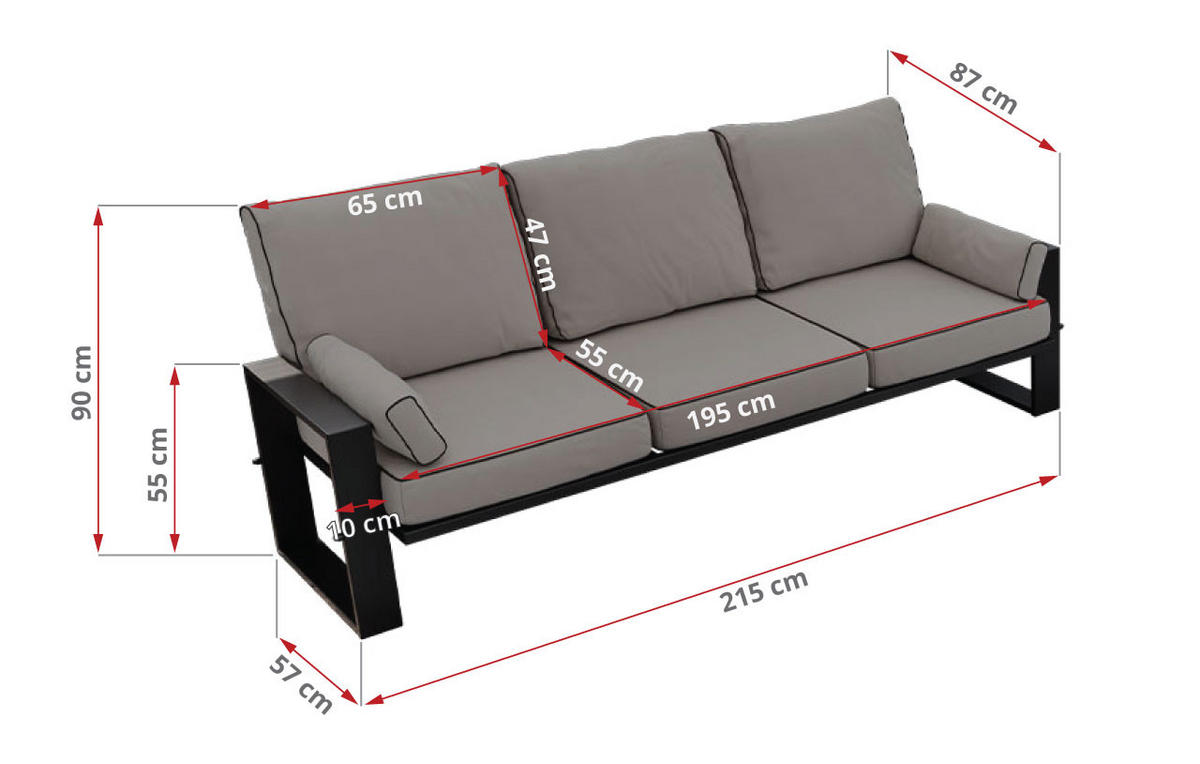 GARTENSOFA Elba 3 Sitzer - Grau - Grau, Textil (215/90/87cm) - MKS