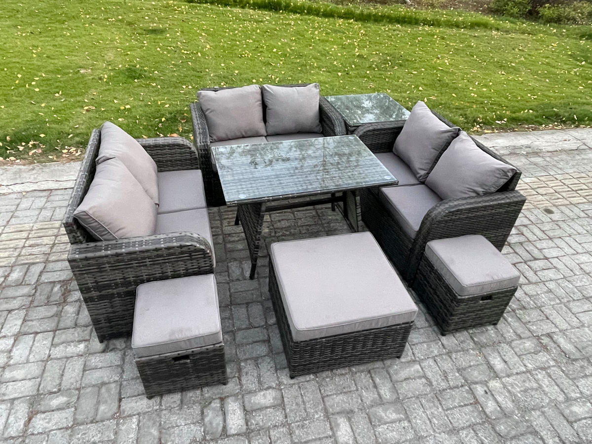 GARTENMÖBELSET mit ESSTISCH,SOFA Polyrattan 9-Sitzer - Dunkelgrau/Grau, Glas/Kunststoff - Fimous