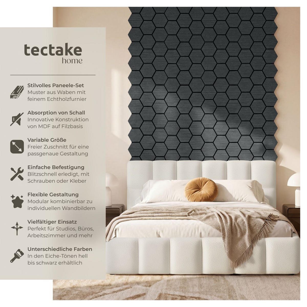 AKUSTIKPANEELE Sonic Shield, je 76 x 62 x 1,8 cm, Größe flexibel anpassbar, Eiche schwarz - Schwarz, Holz (62/1.8/76cm) - tectake