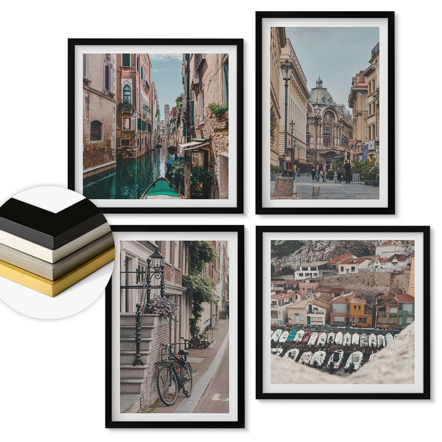 WANDBILDER 4er-Set - 50x50 cm & 40x60 cm Schwarzer Rahmen - Die charmanten Straßen der Hafenstädte - Schwarz, Kunststoff (50/50cm) - ArtPrintCave