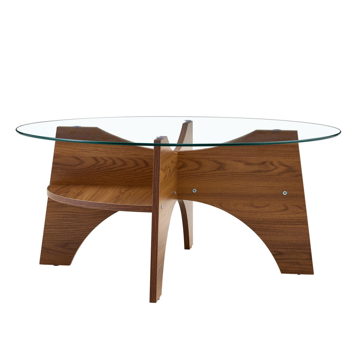 COUCHTISCH Ø 80/36 cm Transparent Nussbaum MDF mit Sicherheitsglas - Walnussfarben, Holzwerkstoff (80/80/36cm) - OKWISH