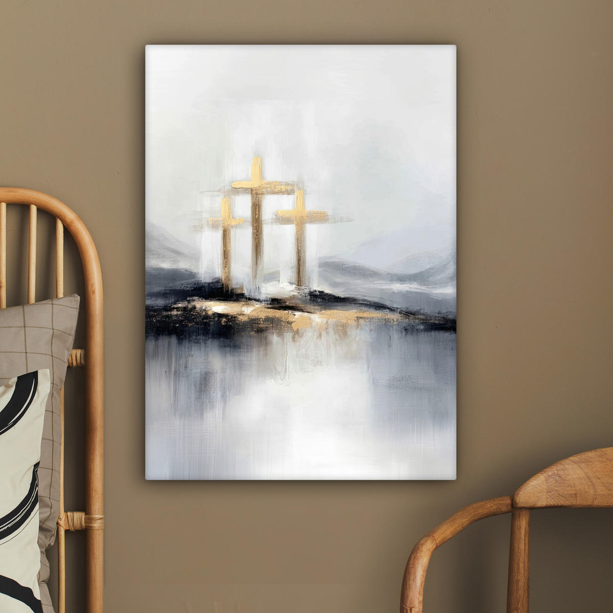 LEINWANDBILD Abstrakt - Malerei - Christentum - Kreuz Wandbild Wohnzimmer 60x80 cm - Weiß, Textil (60/80cm) - MuchoWow