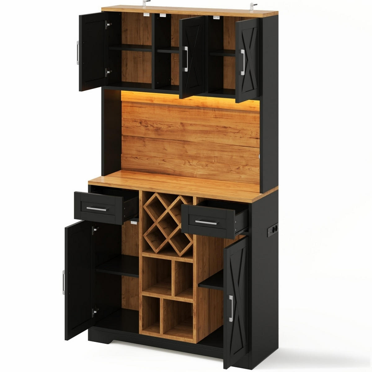 KÜCHENSCHRANK mit LED-Beleuchtung, Weinregal und Steckdose, MDF Holzoptik, Esszimmer Vitrinenschrank, 105/180/40 cm - Naturfarben, Kunststoff (40/180/105cm) - Rolipo
