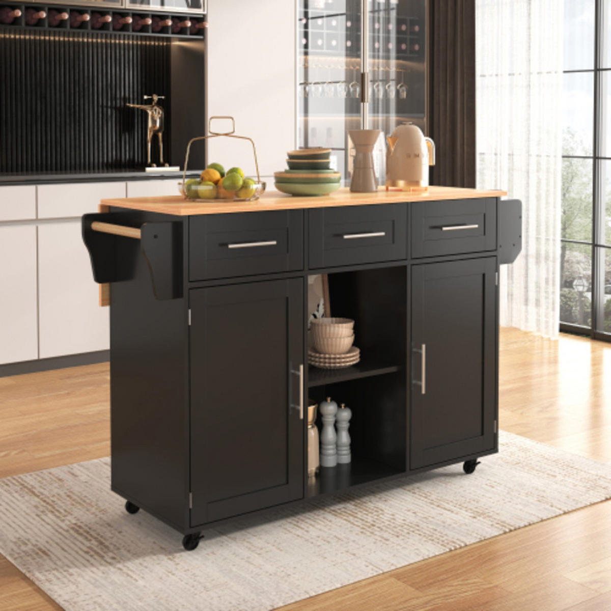 KÜCHENINSEL schwarz aus MDF mit klappbarer Erweiterungsplatte 139 × 46 × 91,5 cm - Schwarz, Holzwerkstoff (139/91.5/71cm) - Luhomfu