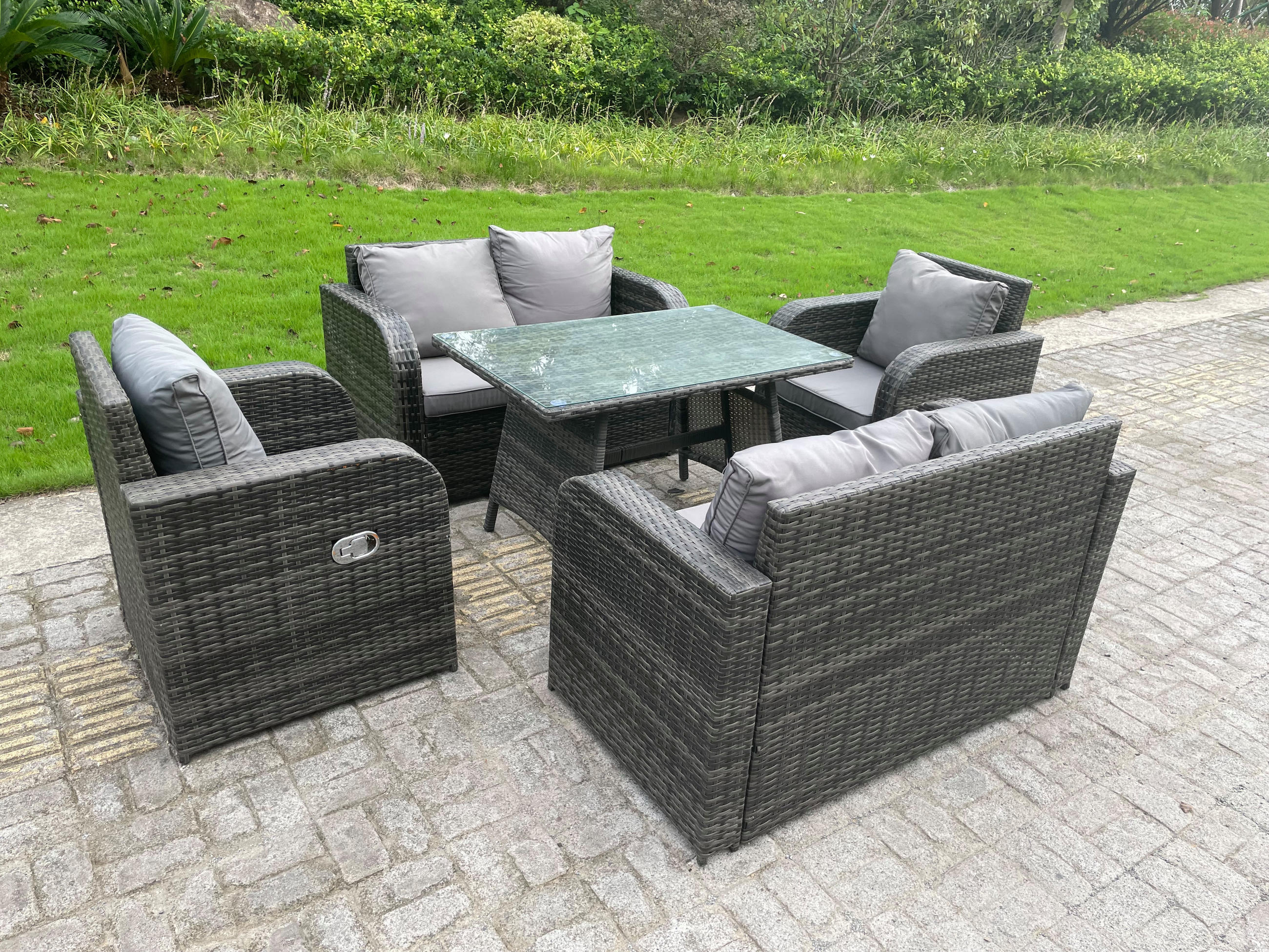 GARTENMÖBEL SET PE Polyrattan 6-Sitzer Grau - Dunkelgrau/Grau, Glas/Kunststoff - Fimous