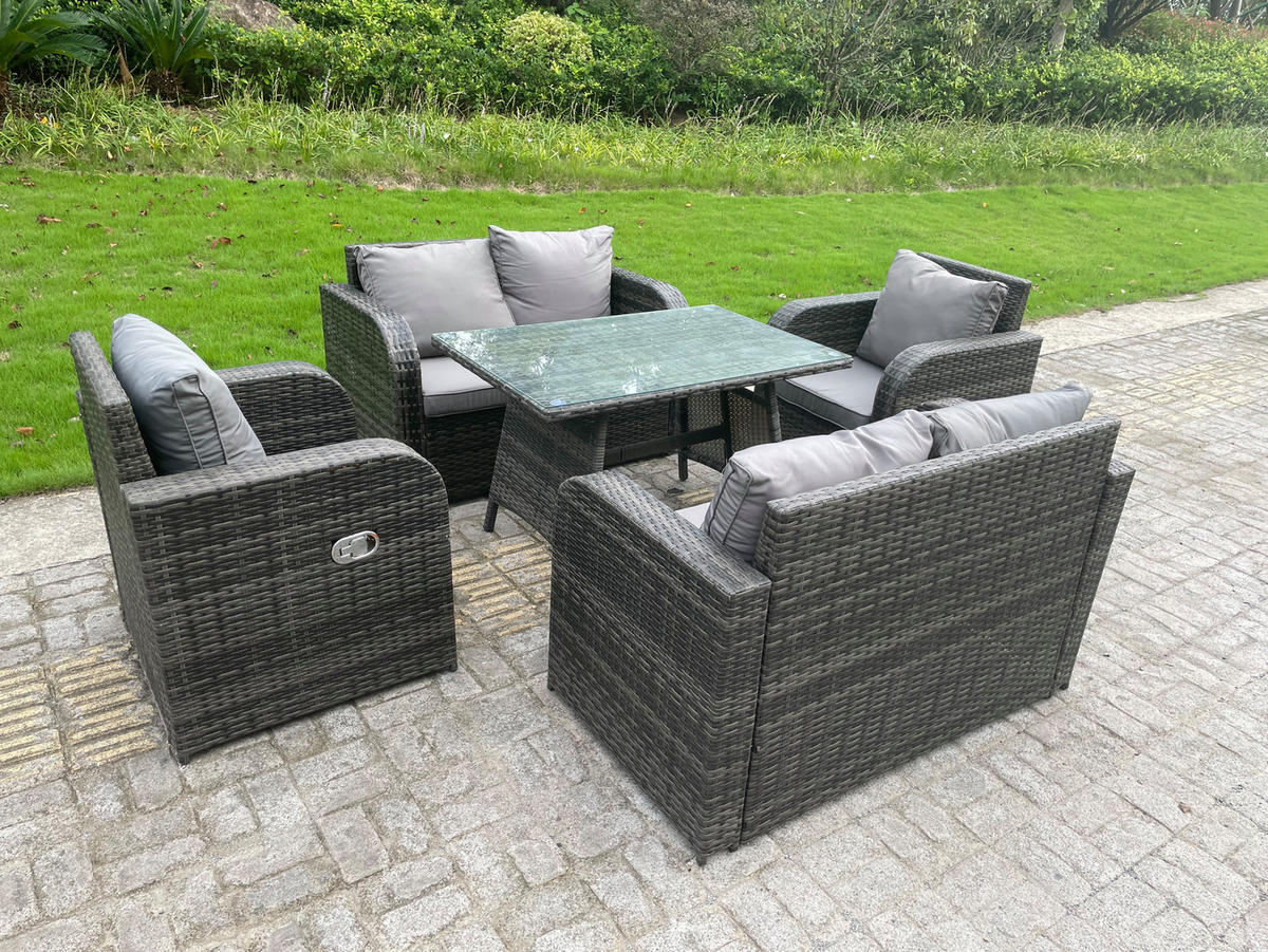 GARTENMÖBEL SET PE Polyrattan 6-Sitzer Grau - Dunkelgrau/Grau, Glas/Kunststoff - Fimous