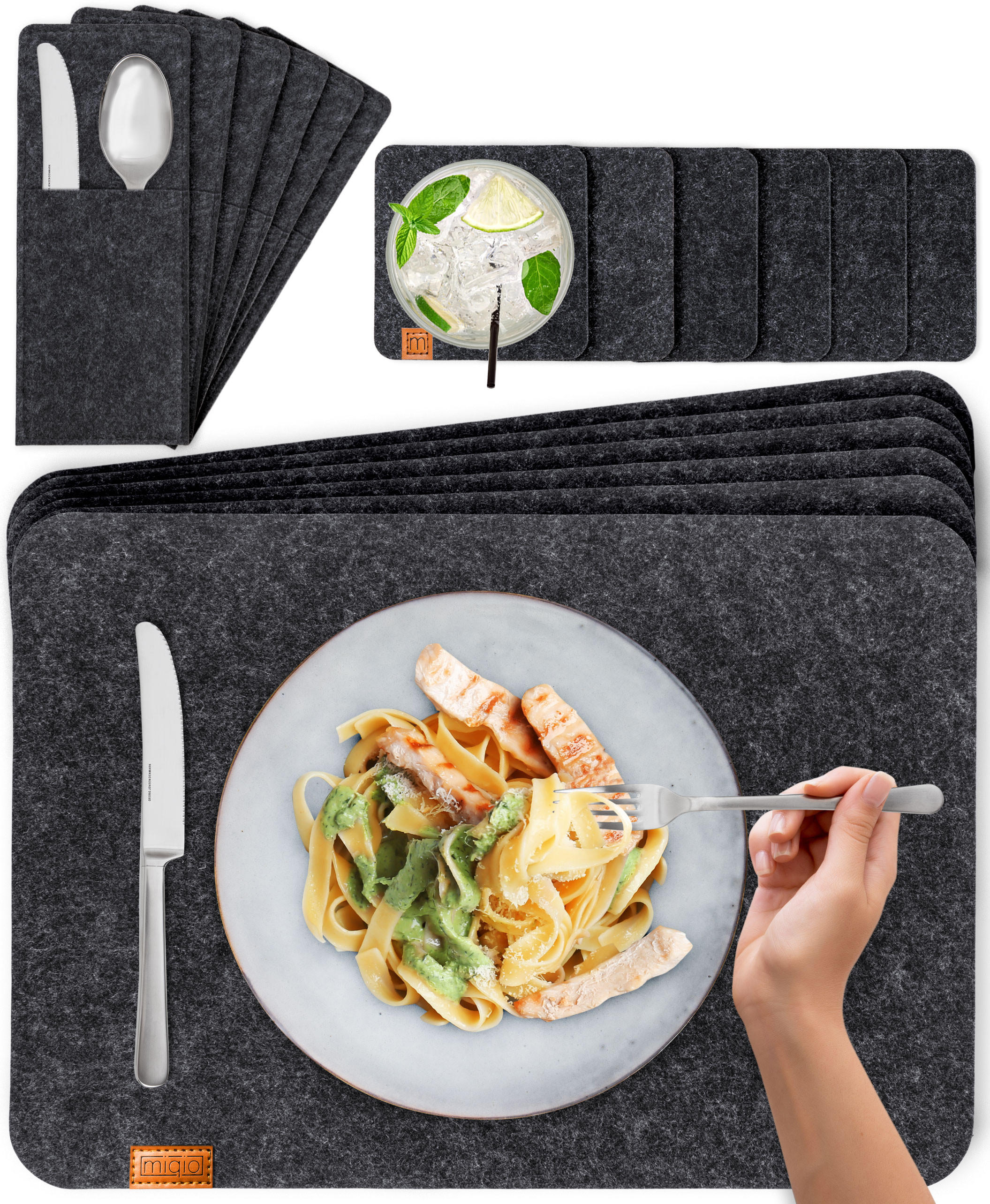 PLATZSETS Untersetzer Taschen 18er-Set - Dunkelgrau, Textil (44/45/3cm) - Miqio Design