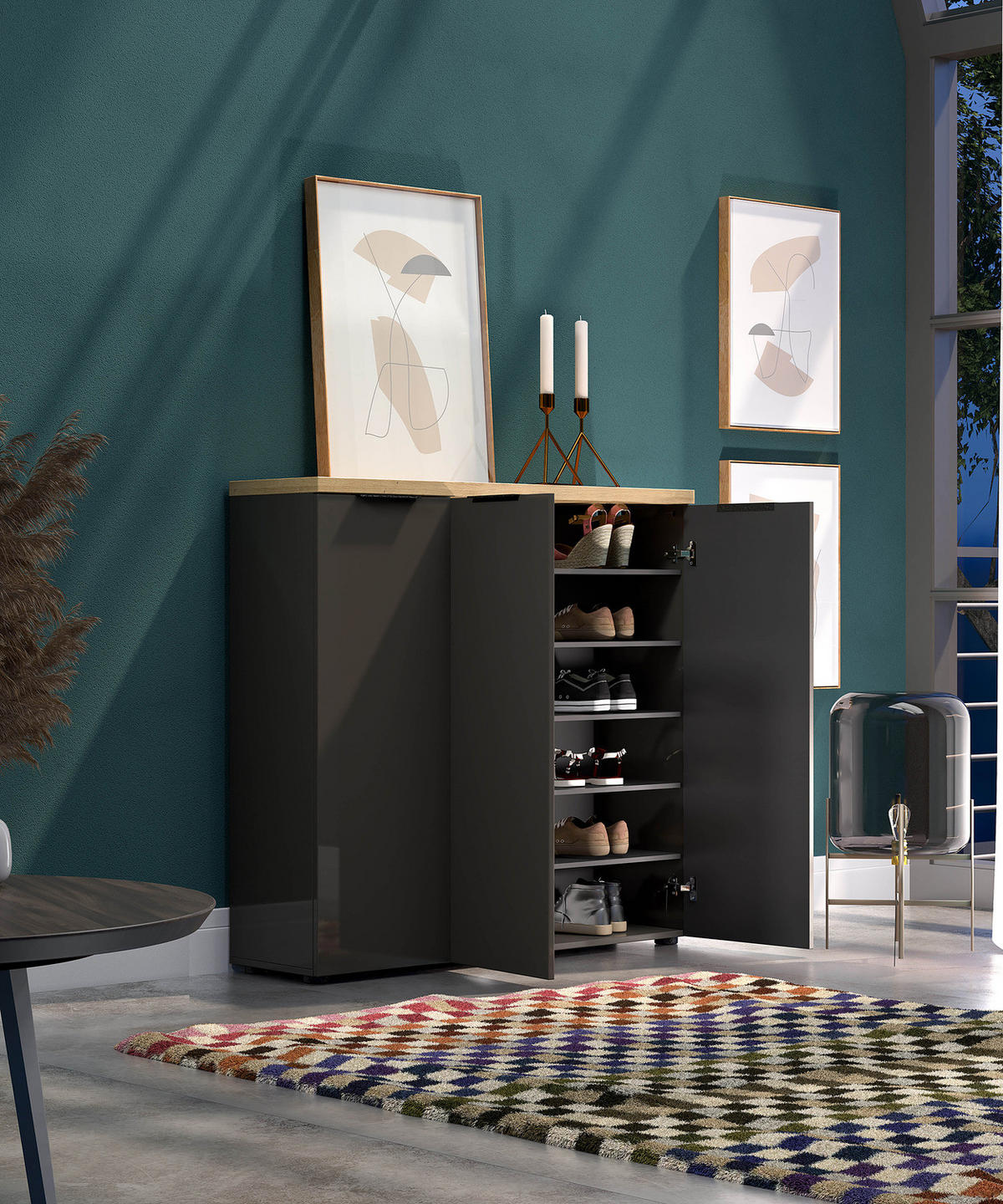 SCHUHKOMMODE - Schwarz/Grau, Holzwerkstoff/Kunststoff (120/115/34cm) - home24