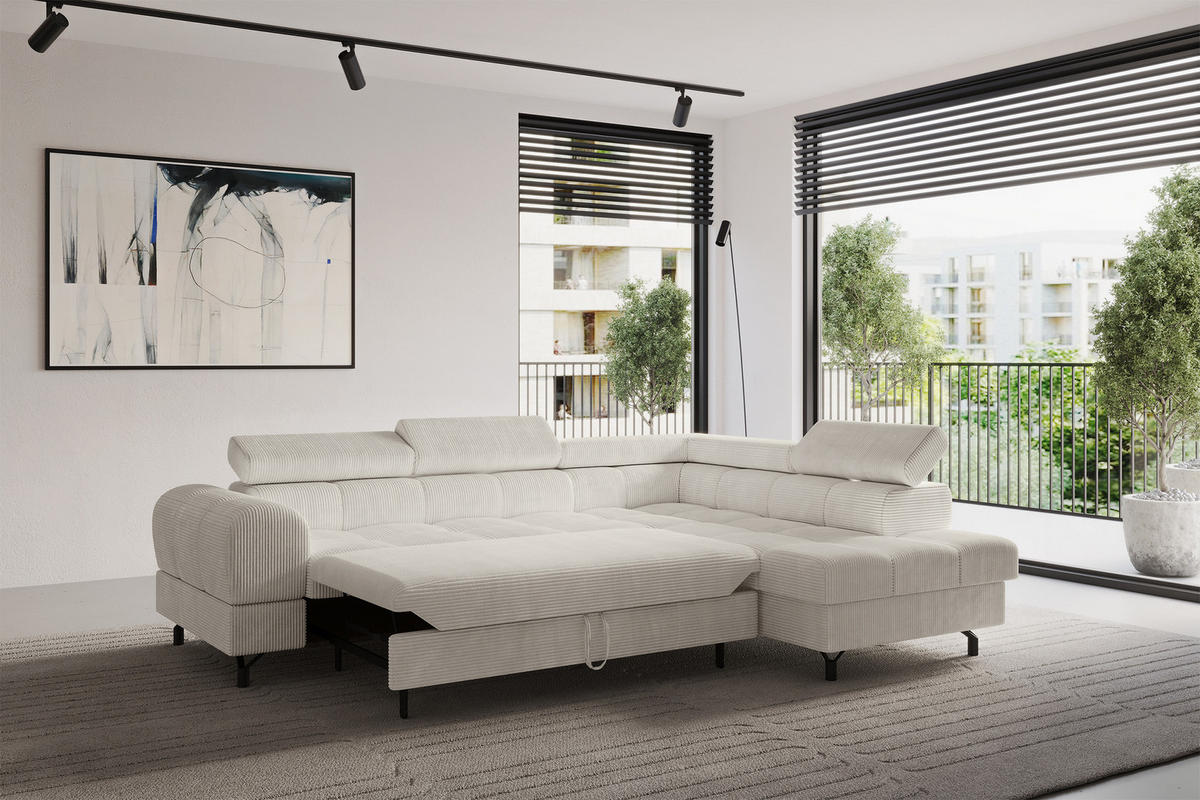 ECKSOFA mit Schlaffunktion Ottomane Rechts LUMA-L 272x203x70 Creme Cord - Creme/Schwarz, Holzwerkstoff/Kunststoff (203/272cm) - ALTDECOR