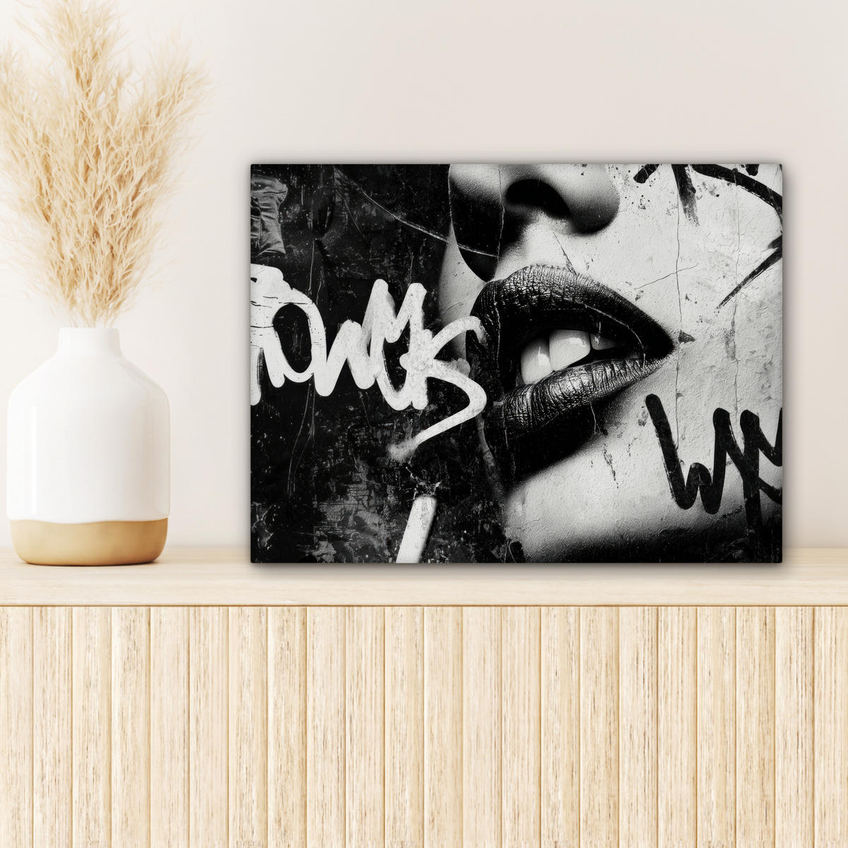 LEINWANDBILD Gesicht - Mund - Graffiti - Schwarz Wandbild 40x30 cm - Schwarz, Textil (40/30cm) - MuchoWow