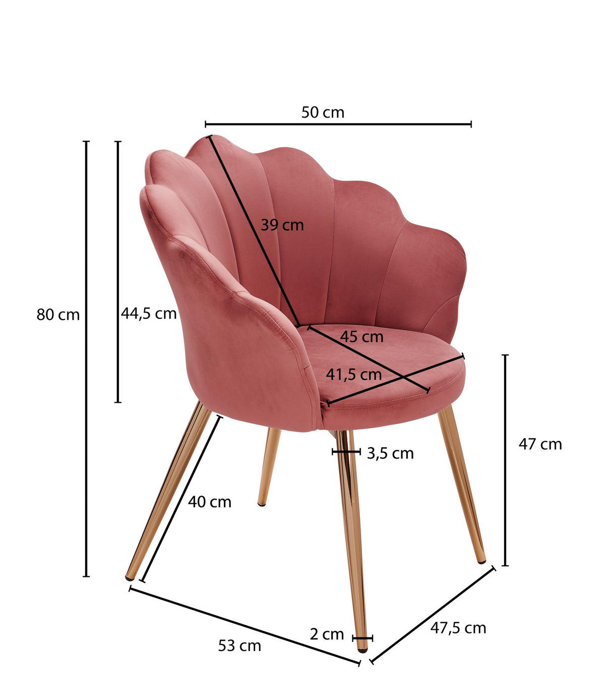 ESSZIMMERSTUHL Samtbezug mit Metallgestell Skandinavisch gepolstert, Rosa 53x48x80 cm - Pink/Goldfarben, Textil/Metall (53/80/48cm) - KADIMA DESIGN