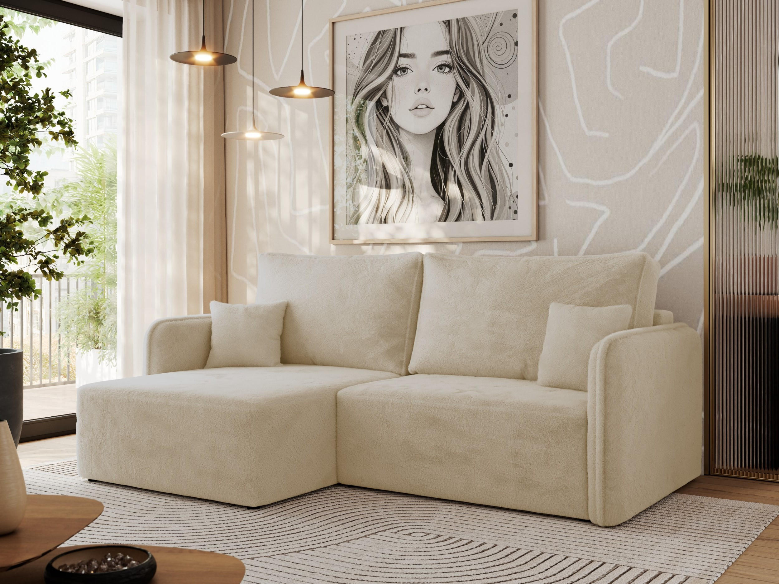 ECKSCHLAFSOFA MESTO L Creme Plüsch - links - Creme/Schwarz, Kunststoff/Textil (227/147cm) - MKS