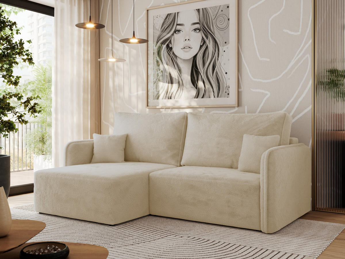 ECKSCHLAFSOFA MESTO L Creme Plüsch - links - Creme/Schwarz, Kunststoff/Textil (227/147cm) - MKS